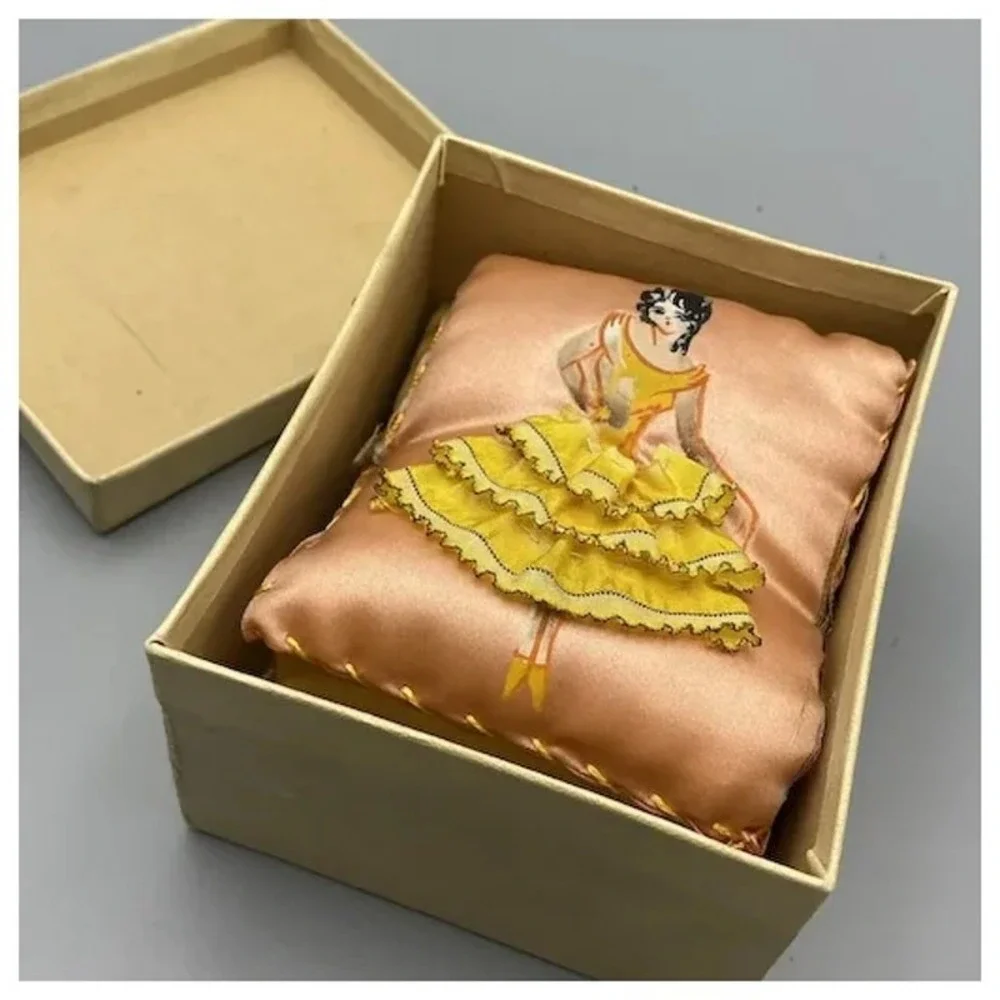 Vintage Handpainted Pillow Style Pincushion Girl‎ Ruffled Dress AS IS